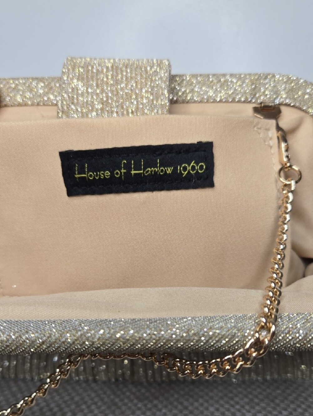 House Of Harlow 1960 Gold Metallic Pleated Evening Clutch with Chain Strap - Picture 2 of 5